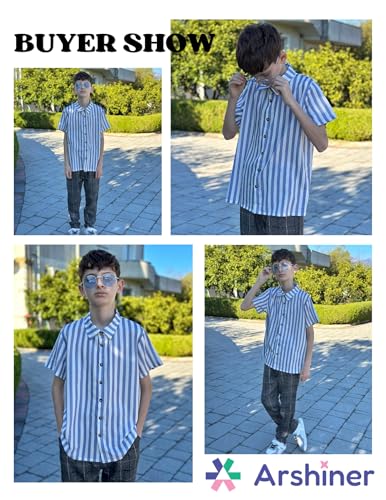 Image of Arshiner Boys Casual Short Sleeve Button Down Shirt Fashion Textured Summer Beach Shirt 3-13 Years Old