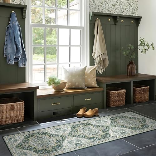 Deerly Green Boho Runner Rug 2x7 Washable Hallway Runner Vintage Throw Rug Non-Slip Low-Pile Floor Carpet for Kicthen Indoor Front Entryway Bathroom Bedroom, Green/Multi