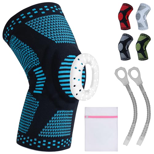 360 RELIEF - Compression Knee Brace with Gel Pads and Side Knee Stabilizers, Joint Support, Comfort, Active Recovery, Running, Workout Protection - Large, Blue + Laundry Bag