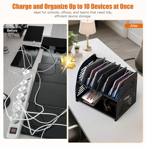 Image of 10-Device Charging Station with Power Strip - Open Charging Cabinet for Chromebooks, Laptops & Tablets up to 14 inch - Classroom Organization for iPads, Tablets & More, Ideal for Schools & Offices