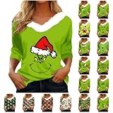𝑮𝒓𝒊𝒏𝒄𝒉𝒔 Christmas Tshirts Shirts For Women, Women Long Sleeve Tops Sexy Tops For Women V Neck Casual Xmas Print Party Fleece Collar Blouse Christmas Shirts For Women Funny (Mint Green,XX-Large)