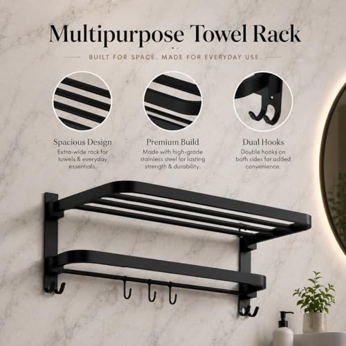 Image of Arena18 inch Folding Towel Rack with Shelf Stainless Steel Towel Holder in Bathroom Wall Mounted Towel Rack Stand in Bathroom Durable & Space Saving Matte Black Finish Bathroom Organizer (Packof 1)