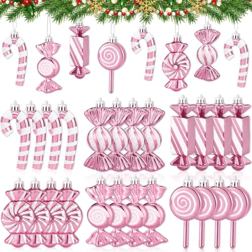 JULMELON 24Pcs Christmas Candy Cane Ornaments, Pink White Glitter Hanging