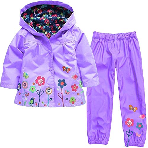 Baotung Kinder Mädchen 2tlg Bekleidungsset wasserdichte Regenjacke Regenanzug Regenmantel mit Kapuze und Blumenmuster + Regenhose, Lila, Gr.122/128(Herstellgröße:130)
