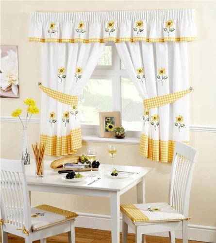 Elizabeth Arden Cortinas para Cocina con Estampado de Girasoles, Plisadas y con alzapaños, Color Rojo/Blanco, 116,8 x 96,5 cm, Tela, Red/White, 168 x 122 x 0.1 cm