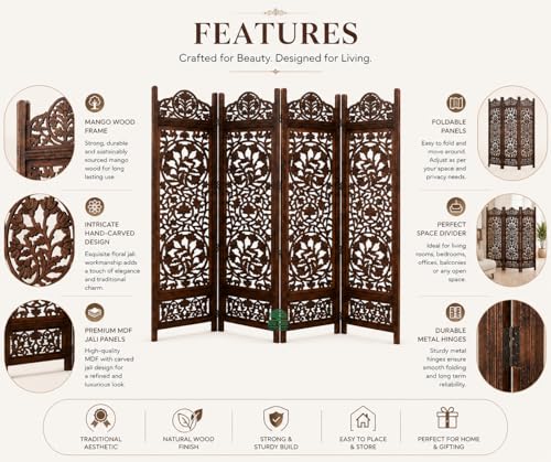 Image of Wooden Room Divider 6 Feet, 4-Panel Folding Wooden Partition for Living Room, Office, Pooja Room, Restaurant, Kitchen & Balcony (2W x 1.82H Meters). (Dark Brown)