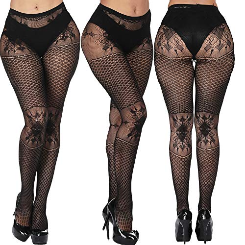 Plus Size Womens Sexy Lace Patterned Tights Fishnet Floral Stockings High Waist Pantyhose for Girls Ladies 4 Pairs2