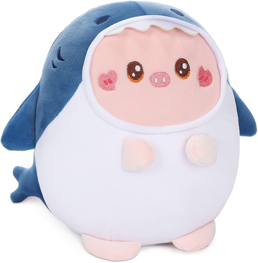 AIXINI Cute Pig Plush Pillow 8" Piggy Stuffed Animal, Soft Kawaii Pink Pig Plushie with Blue Shark Outfit Costume Gift for Kids