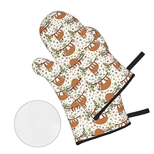 Cute Sloth Oven Mitts And Pot Holders Sets 4 Pcs Heat Resistant Pads Non-Slip Bbq Gloves For Kitchen,Cooking,Baking,Grilling #TOP2