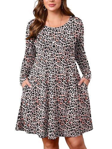 Image of AusLook Women's Plus Midi Dress Long Sleeve Crew Neck A-Line Swing Flowy Vacation Fall Wedding Guest Dresses with Pocket 1-5X