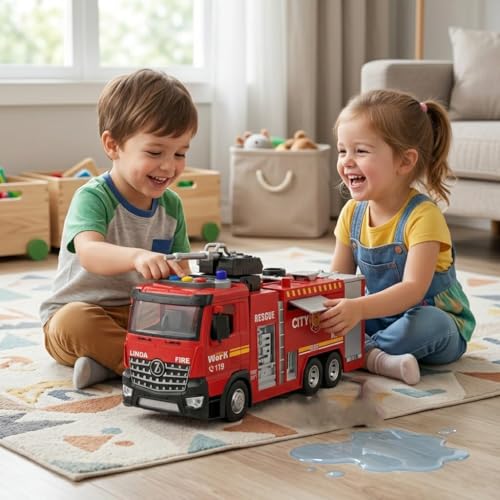 Image of ANTALYA Musical Fire Truck Toy for Kids with Water Spray, Lights & Sound | Push and Go Fire Engine Vehicle with Rotating Ladder & Water Tank | Educational Rescue Truck Toy for Boys & Girls