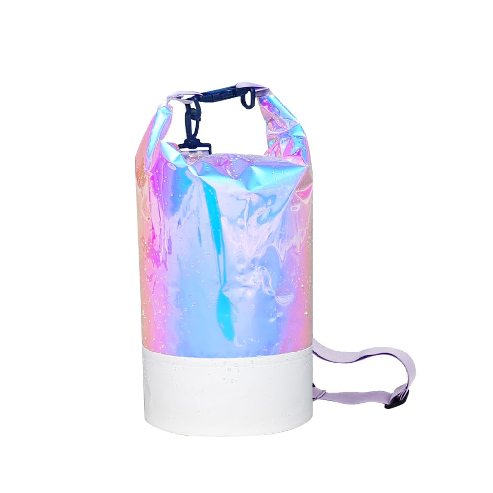 10L PVC Holographic Waterproof Dry Bag, Double Shoulder Strap Beach Swimming Backpack, Crossbody Waterproof Bucket Bag for Kayaking, Boating, and Outdoor Sports (10L)