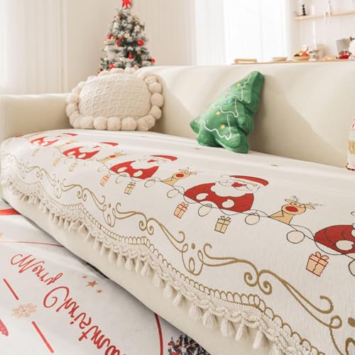 新しいクリスマス用シェニールソファカバー 2/3/4/5人掛けソファ用、滑り止め付き、セクショナルソファ、l字型コーナーソファスリップカバー、家具保護カバー Beige 90*260cm