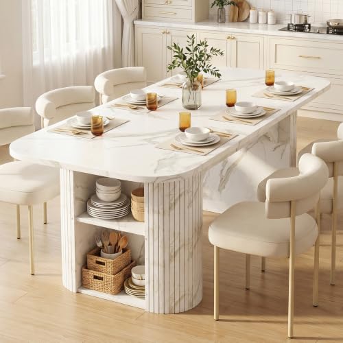 Image of ROCSUMOO Extendable Dining Table 160-200cm with Storage, Large Wooden Kitchen Dining Table, Expandable Table for Dining Room, Living Room & Home, Seats 6-8 People, Marble