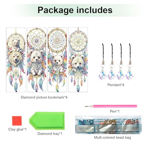 Image of 4 Pcs Diamond Painting Bookmarks, White Bear and Lion Dreamcatcher DIY Diamond Art Kits for Adults, Rhinestone Drill Crafts Bookmarks with Tassel for Graduation Birthday Gifts