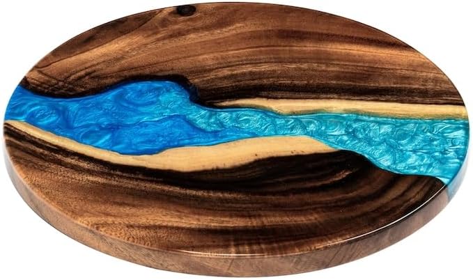Reversible Epoxy Wood Lazy Susan: Blue Gradient Marble Turntable (16 inch)