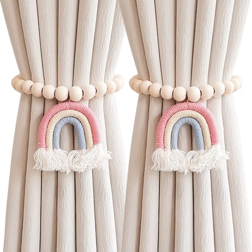Image of BDHRKTE 2 Pieces Wooden Beaded Curtain Tiebacks, Tassel Curtain Buckles Magnetic Curtain Buckles, Rainbow Tassel Curtain Tiebacks No Punch Decoration (Pink)