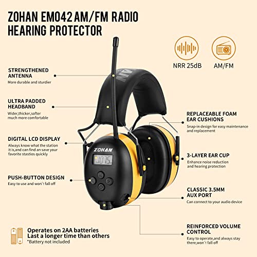 Zohan Em042 Am/Fm Radio Headphone With Digital Display,Ear Protection Noise Reduction Safety Ear Muffs,Ultra Comfortable Hearing Protector For Lawn Mowing And Landscaping - Yellow #TOP2
