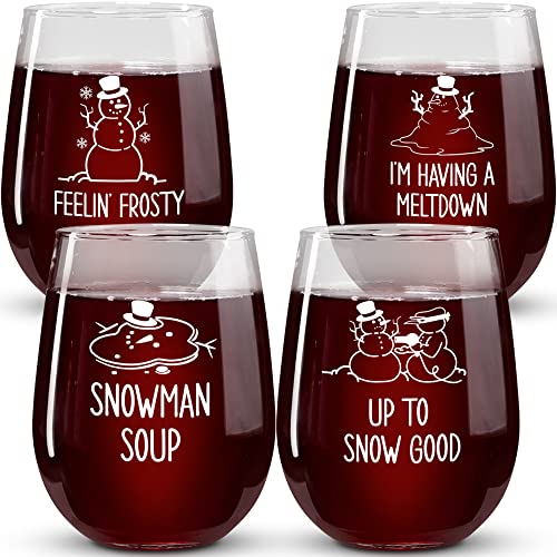 On The Rox Drinks Funny Christmas Wine Glasses - Snowman Printed Stemless Wine Glass Set Of 4 - Wine Holiday Gifts For Her - Christmas Cocktail Glasses And Drinkware - Wine Gift Sets For Christmas #TOP25