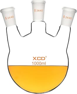 XCD Borosilicate Glass 3-Neck Round Bottom Boiling Flask with 24/40 Center and Side Standard Taper Outer Joint, Heavy Wall, 1000 ml