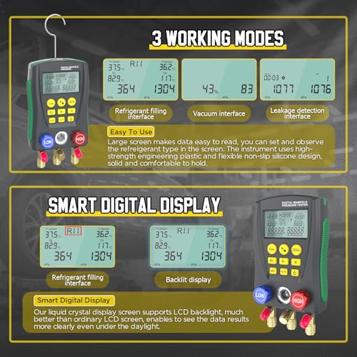 PLAYOCCAR Digitaler HVAC-Manometer-Satz, Klimaanlagen-Manometer-Satz, Kältemaßzähler für R410a und R22, 2 Temperatur-Klemmsonde
