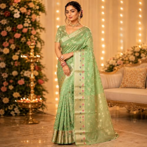 Image of Sarees for Women Wear Organza Silk Banarasi Sari Kanjivaram Pure Paithani Wedding Original Kanchipuram Pattu Sadi with Blouse Piece 2026 (KeriFlower)