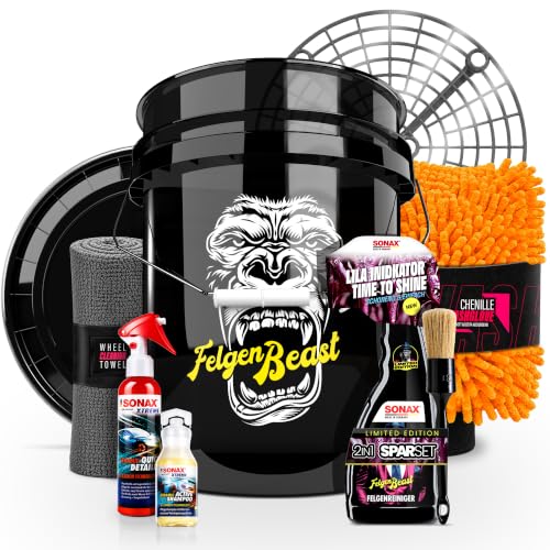 Felgenreiniger Set | Sonax Felgenbeast 500ml + Auto Wascheimer 20l mit Sieb und Deckel + Waschhandschuh + Pinsel + Ceramic Quick Detailer + Ceramic Shampoo + Mikrofasertuch