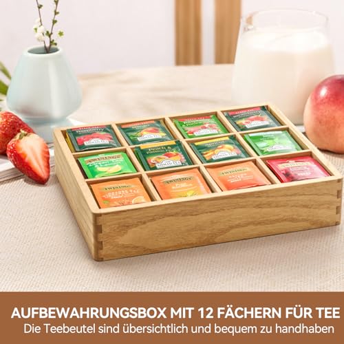 KIRIGEN Holz Teebox Organizer mit 12 Fächern - Teebeutel Aufbewahrungsbox für Küche, Büro & Zuhause - Vielseitige Teebeutelhalter aus Massivholz für Teebeutel, Kaffee & Gewürze natürliche Farbe