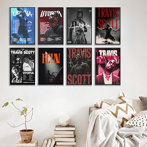 Image of Song Artist Aesthetic Music Posters Pack of 8 | A4 Size Wall Art for Bedroom, Living Room & Studio | Includes Adhesive Tape | Music Artist Poster Set (Travis Scott)