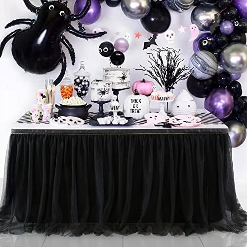 Black 6ft Tulle Table Skirt for Birthday Party Tutu Table Cloth with Gold Brim Rectangle Round Tables Decoration for Family Gatherings,Wedding,Christmas(L6(ft), H30in)