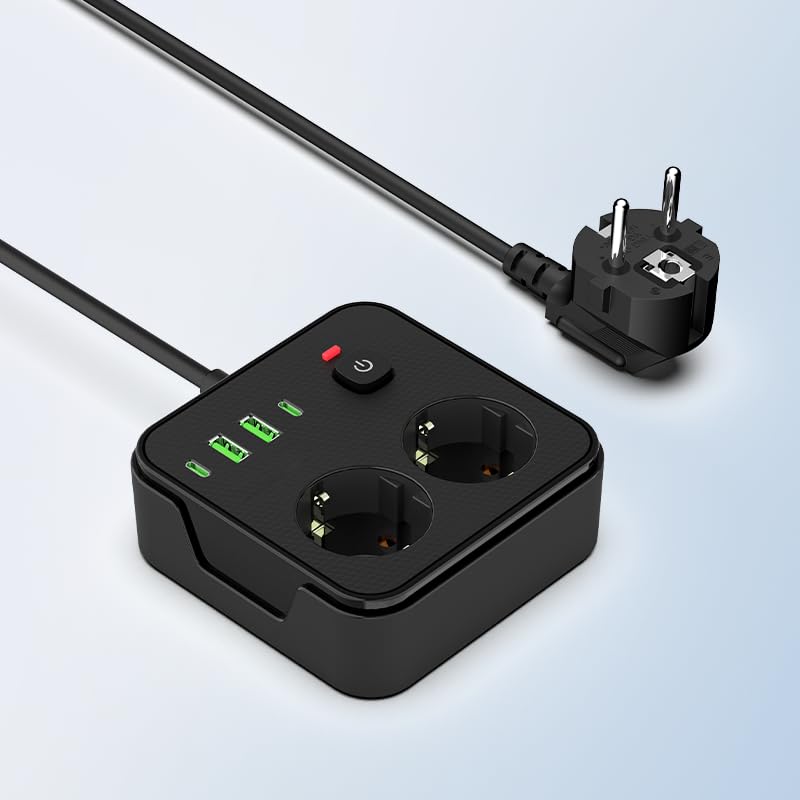Steckdosenleiste 6-in-1 mit 2M Verlängerungskabel, 2 AC-Steckdosen, 2 USB und 2 Typ-C, für Zuhause, Büro und Reisen(Schwarz)