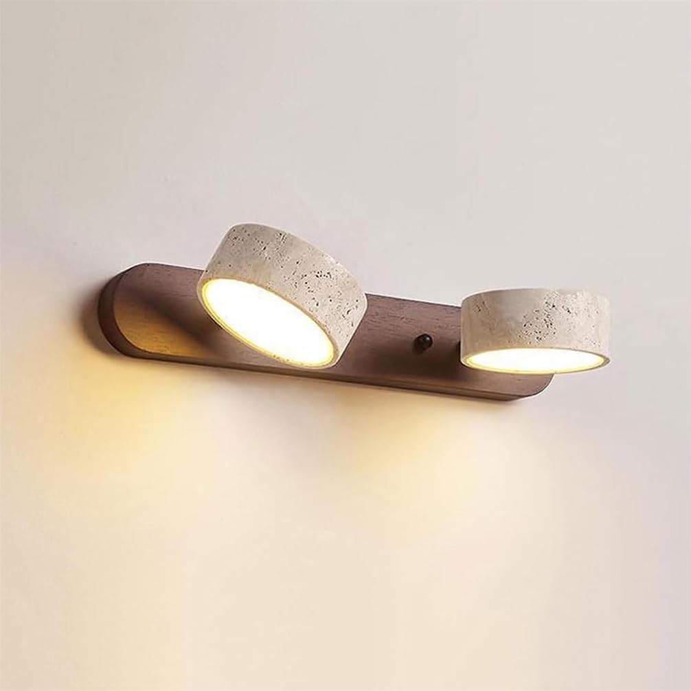 LED Wandleuchte Dimmbar Schlafzimmer Spiegel licht Wabi-Sabi Stil mit Drehbarem Schirm, Wandlampe aus Naturstein Travertin Design für spiegelleuchte schminktisch Flur Lampe (Holz-1, L-32cm)