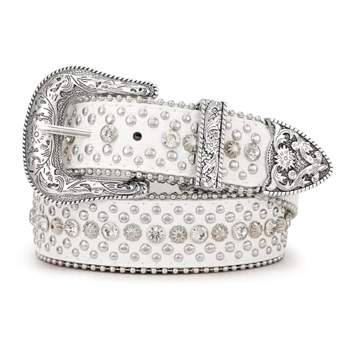 JASGOOD Rhinestone Belt for Women Men Bling Studded Western Cowboy Cowgirl Belts for Jeans,White