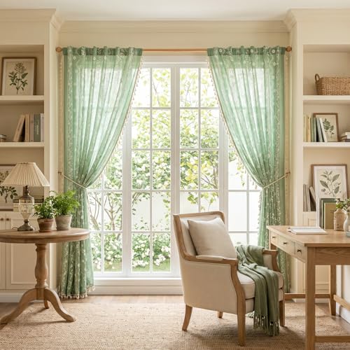Image of MYSKY HOME Boho Floral Curtains 108 Inch Long for Living Room Sage Green | Linen Light Filtering Bohemian Vintage Farmhouse Semi Sheer Drapes for Dining Room with Tassels Back Tab, 50 inch Wide, 2 Panels