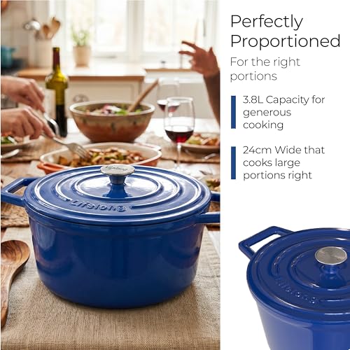 Image of Lifelong Enamel Cast Iron Casserole with Lid (3.8L, 24cm) | Oven, Gas & Induction Compatible | Slow Cooking, Even Heat Distribution, Nontoxic, Durable, Naturally Nonstick, No Stains or Scratch (Blue)