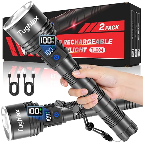 Tughlax High Lumens Rechargeable LED Flashlights 2Pack, Super Bright Zoomable Powerful Flashlight with LCD Digital Display, 5 Modes Long Range Tactical Flash Lights for Home Emergency Camping Hunting