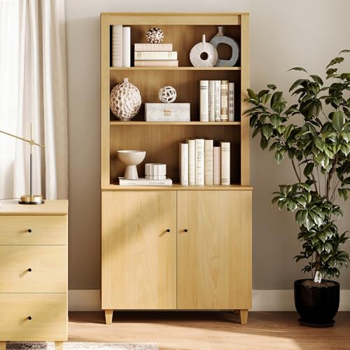 Image of WAMPAT 71 inch Tall Bookcase with Doors & Storage Cabinet, Modern 5-Tier Bookshelf with Adjustable Shelf, Floor Standing Wooden Display Book Shelf for Home Office, Living Room, Bedroom, Oak