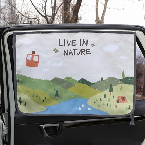 Image of BEBEDECO Magnetic Car Sun Shade Curtain for Side Window – Sun Blocker and UV Protector for Baby, Kids, and Pets – Universal Fit with Built-in Magnets for Steel-Framed Door (Bebe Forest)