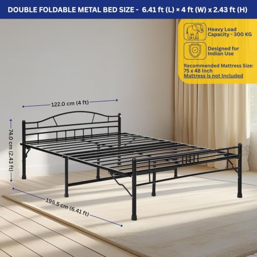 Image of DELITE KOM Lyra Foldable Metal Bed | Double Size (6.4ft x 4ft) | Portable | No Installation | Strong Steel Frame | Powder Coated | Heavy Load | for 75 inchx48 inch Mattress | Glossy Black | 1 Year Warranty