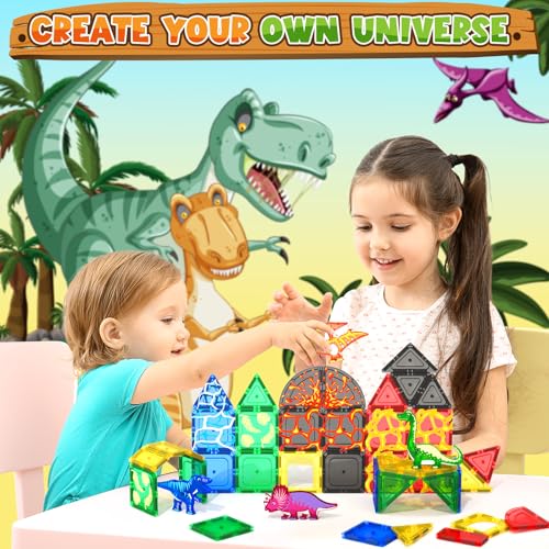 Image of Coodoo Dinosaur Toys Magnetic Tiles Lava Dinosaur World Set - Magnetic Blocks Building for Kids 3-5 5-7 Girls Boys Toy Age 4-6 6-8, Classroom Must Haves Toddler Sensory for 3+ Year Old Kids Toys