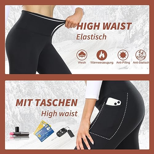 HIPOWER 3er Pack Thermoleggings Damen Mit Taschen Leggings Gefüttert Winter High Waist Fleece Warme Leggins Blickdicht Schwarz Sport Thermounterwäsche Laufhose Yogapants(A-Schwarz+Grau+Navy,S-M)