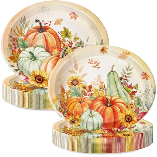 LINHAXM Thanksgiving Oval Paper Plates 30 Pcs 9"x11" Fall Harvest