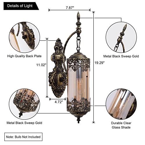 Image of Vintage Wall Sconce with Amber Glass, Rustic Black Brushed Gold Farmhouse Wall Light Fixture, Antique Gothic Decorative Metal Wall Lamp for Hallway, Bedroom, Living Room, Entryway