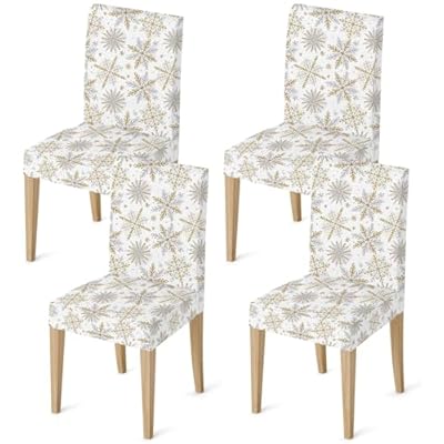 JarThenaAMCS 4Pcs Christmas Chair Covers Gold Silver Snowflake Dining Chair Slipcovers Winter Xmas Removable Seat Protector Covers for Party Home Kitchen Decor
