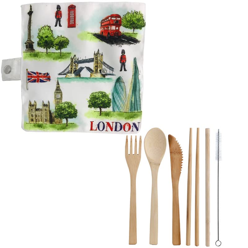 Puckator London Tour 100% Natural Bamboo Cutlery 6 Pc Set in Canvas Holder - Biodegradable Bamboo Utensils - Eco Friendly Cutlery - Camping Tableware - Cutlery Holder for Lunch Box -Party Cutlery