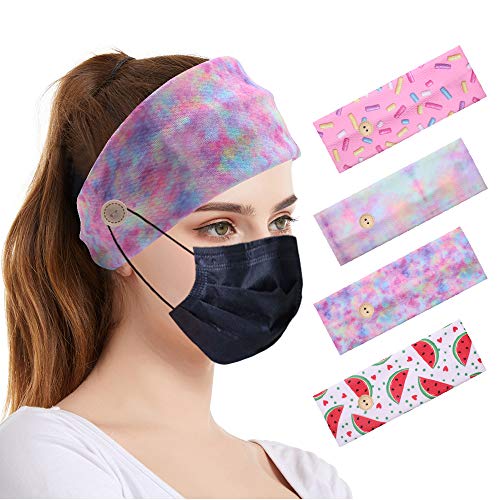 Button Headband Face Mask Holder Protect Ears DIY Elastic Head Wrap for Mask/Yoga/Running Wide Turban Headband