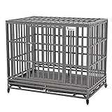 SMONTER 46' Heavy Duty Dog Crate Strong Metal Pet Kennel Playpen with Two Prevent Escape Lock, Large Dogs Cage with Wheels, Dark Silver