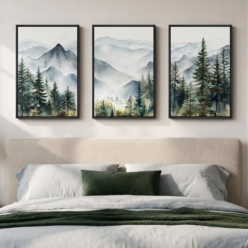 Framed Landscape Wall Art Bedroom, Mountain Forest Canvas Print, 16x24 Inch