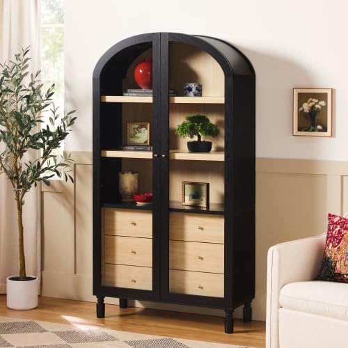 Darci - Estantería moderna arqueada con puertas de cristal de longitud completa y cajones interiores, 74 pulgadas, color negro