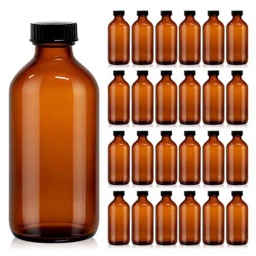 turvono 24 Pack 8 oz Amber Glass Boston Round Bottles with Phenolic Polycone Caps Airtight Leak-Proof Bottles for Vanilla Extract Kombucha Brewing Essential Oils and Homemade Solutions